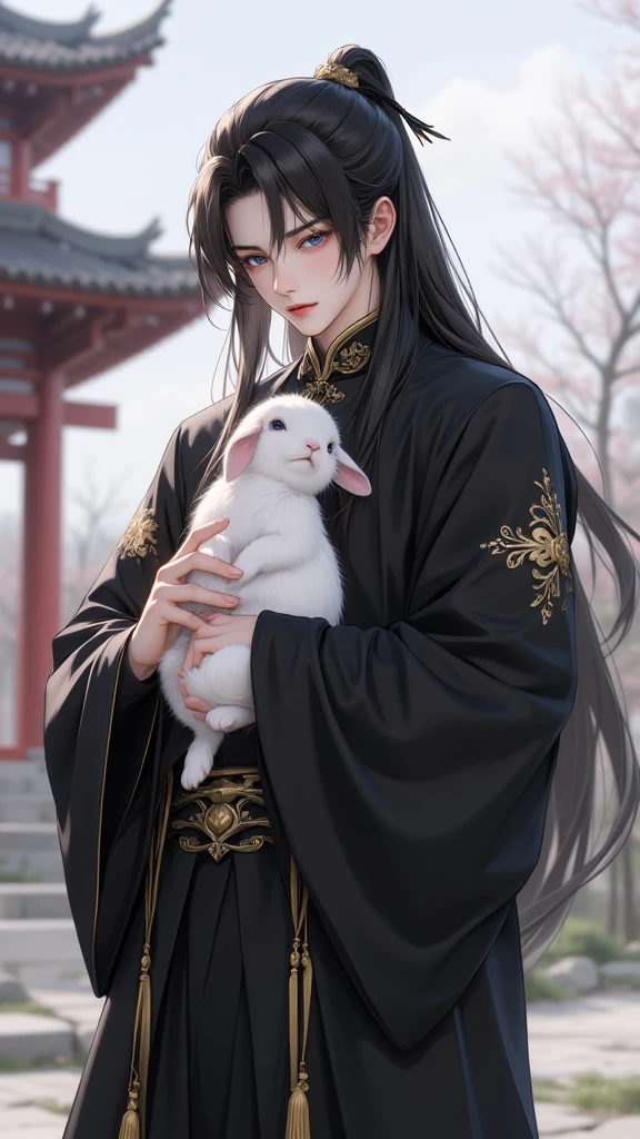 gufeng,1boy,full body,hold a cute rabbit,stand,full body,black and gold cloth,side face,building,long hair,blurry background,upper body,black hair,closed mouth,lip,ribbon,