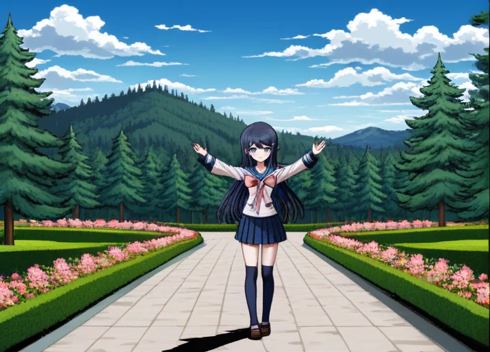 <lora:Sayaka_Maizono_SDXL:1>,  (((blue socks))), The image is a screenshot from the Danganronpa S and is in danganronpa sprite style.  (((blue socks))), Sayaka Maizono wearing her uniform from Danganronpa 1. She has her long blue hair down. She is wearing the white and blue Hope's Peak Academy uniform with a bright white top. Her sleeves reach her wrists.  She's wearing a light pink ribbon.  She has a short, pleated, blue skirt. Sayaka Maizono wears navy blue thigh-high socks. Her footwear is dark brown Mary Janes shoes. Sayaka Maizono has a  neutral expression . Sayaka Maizono is enacting a t-pose  amid A serene landscape featuring a winding concrete path through a manicured garden. In the foreground, lush green grass surrounds the path, which curves gracefully from the bottom right towards the center. The path is bordered by neatly trimmed hedges and colorful flower beds. In the middle ground, tall evergreen trees dominate the scene, their dark green needles contrasting against a partly cloudy sky. The trees are a mix of pine and fir, with some reaching heights well above the others. The background reveals distant forested hills. The sky is dramatic, with large, puffy white and gray clouds scattered across a pale blue expanse. Sunlight filters through the clouds, creating a dappled effect on the landscape. The scene suggests late spring or early summer, with vibrant greenery and blooming plants. The lighting is bright but diffused, softening shadows and enhancing the natural beauty of the park-like setting.