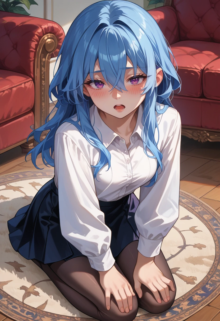 score_9, score_8_up, score_7_up, source_anime, <lora:wrenchWuwaShorekeeperb2:1>, wrnchwuwashorekeeper, blue hair, purple eyes, hair between eyes, long hair, breasts, 
black skirt, blush, carpet, couch, kneeling, miniskirt, open mouth, pantyhose, shirt, skirt, solo, white shirt,