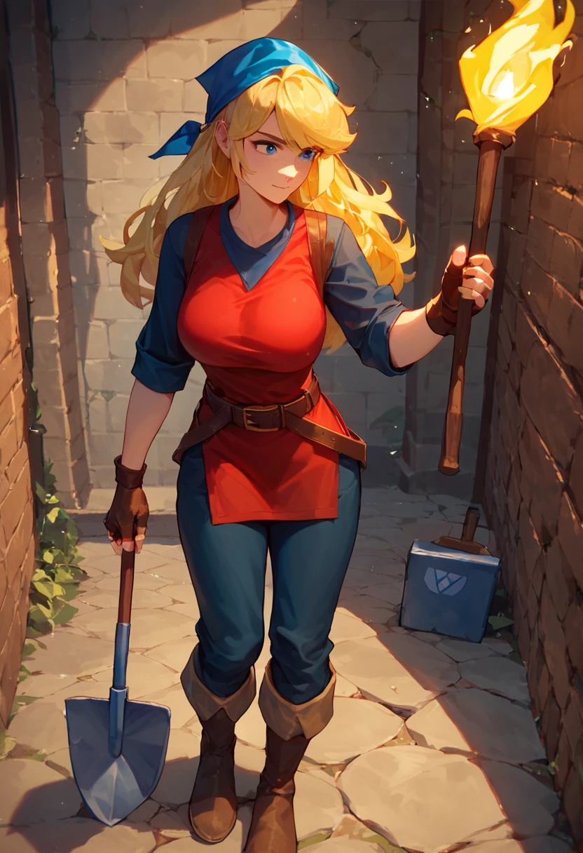 score_9, score_8_up, score_7_up, score_6_up, source anime,nsfw, expressive, solo, 1girl, Cadence, Blue Bandana, Blue eyes, Blonde Hair, Long Hair, Red Tunic, Fingerless Gloves, Brown Boots, Belt, large breasts, standing, holding torch, dungeon background, holding shovel, <lora:Expressive_H:1> <lora:Cadence_V2_XL:0.7>