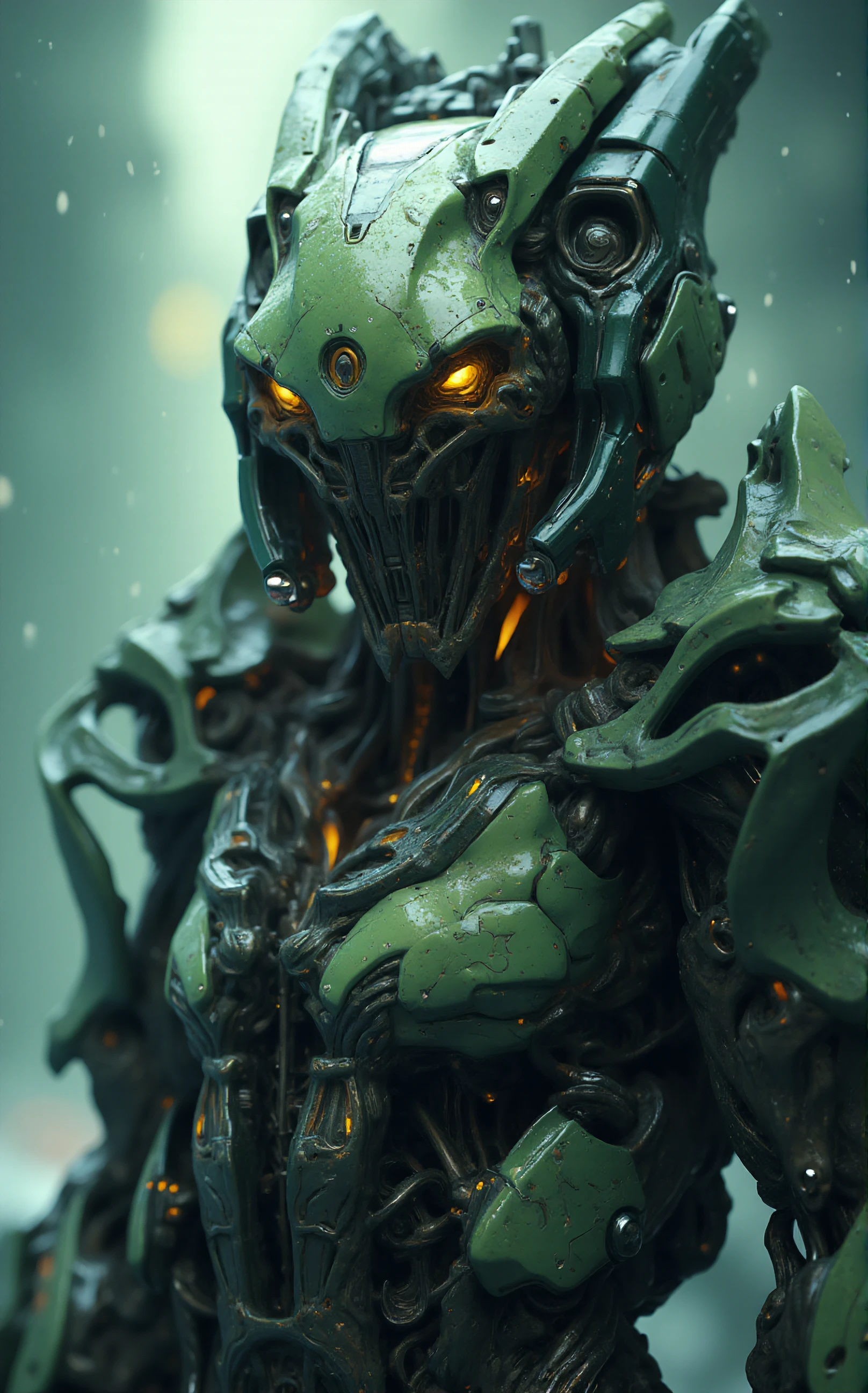 MechArmor, Robot, Power Armor, (off-center composition, close up Portrait), Angry Fire Demon in Cyberpunk Exosuit, Hyperlight engine, faster-than-light travel technology, Coral, Aqua, Lime Green, Inside an alien hive, in a snow and ice storm, cinematic film still breathtaking MechArmor, Robot, Power Armor . award-winning, professional, highly detailed . shallow depth of field, vignette, highly detailed, high budget, bokeh, cinemascope, moody, epic, gorgeous, film grain, grainy