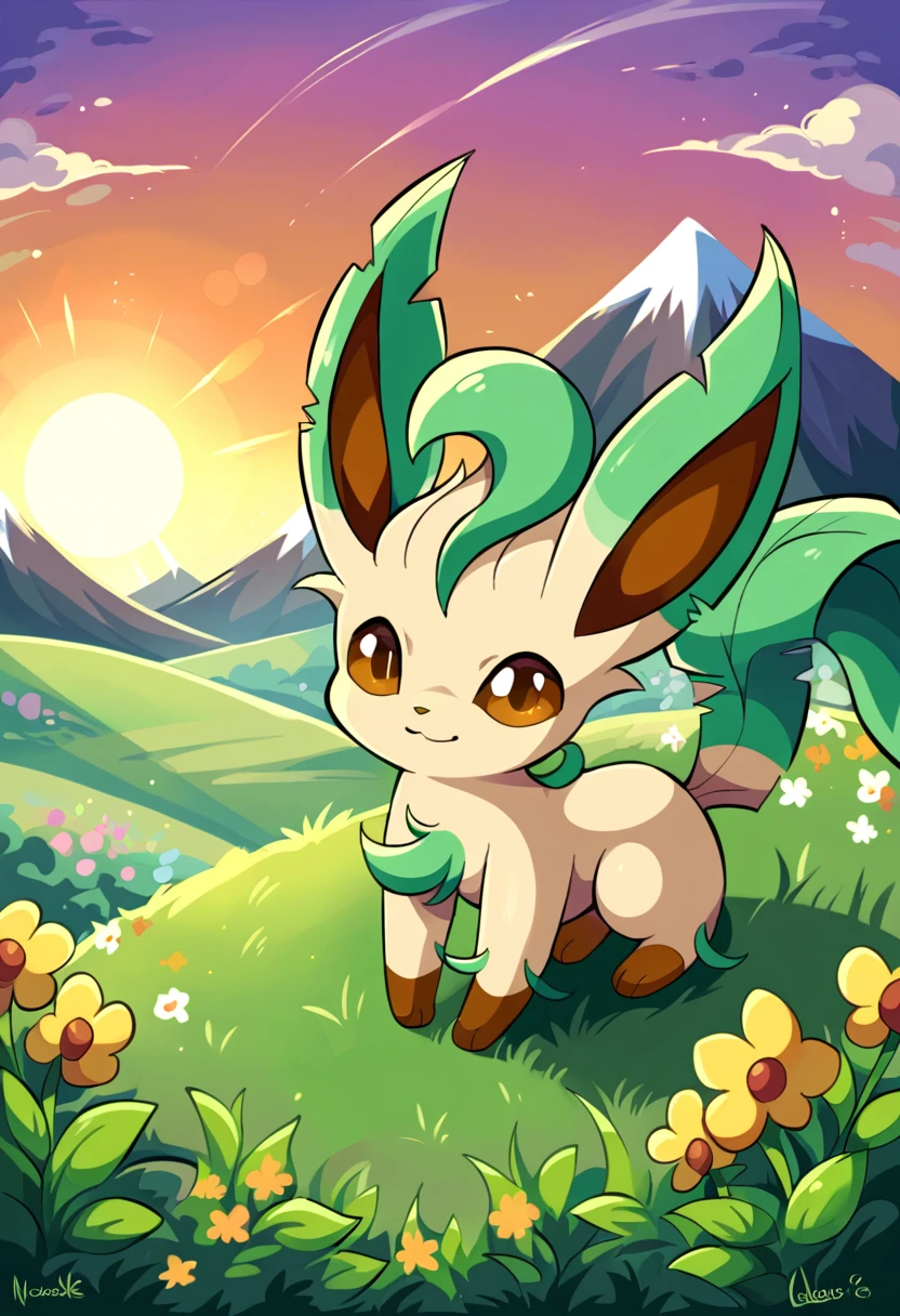 score_9, score_8_up, score_7_up, source_furry BREAK
L34F30N, long ears, brown eyes, tan body, dark brown paws, green body sprouts, green leafy ears, green leafy tail, brown nose, quadraped, brown inner ears, solo, chibi
lying, smile
background: flower field, wildflowers, rocks, mountain, sunset, evening, lens flare
dutch angle
 <lora:Leafeon:0.8>