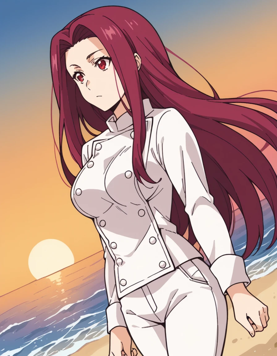 score_9, score_8_up, score_7_up, source_anime, <lora:ryouko-sakaki-s1-ponyxl-lora-nochekaiser:1>, ryouko sakaki,  long hair, red eyes, red hair, forehead, large breasts,, chef, pants, white pants,, beach, sunset, walking along shore, footprints in sand, waves, peaceful, , , hand making an OK sign, solo,, cowboy shot, dutch angle