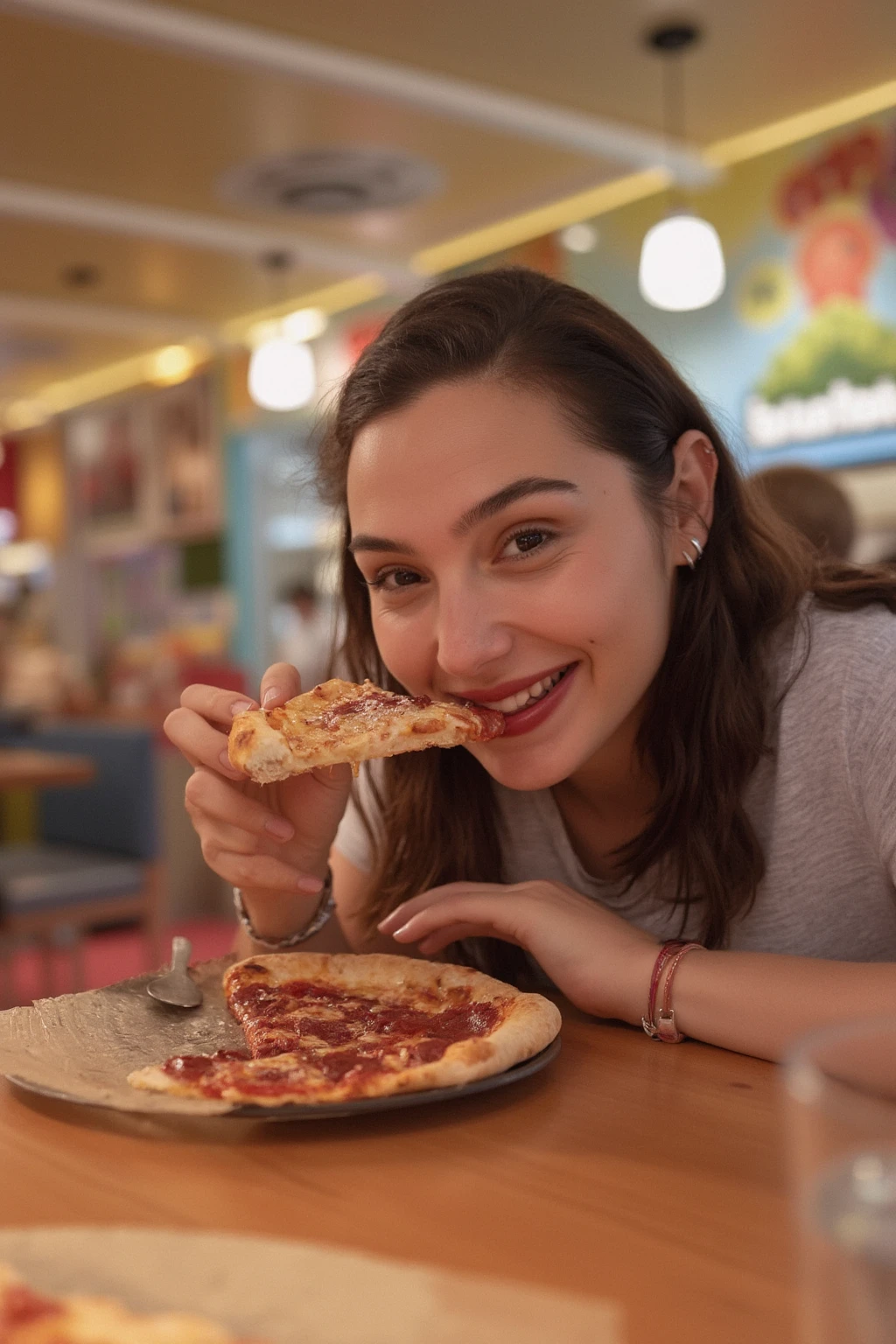 Instagram photo of young woman G41G4d0t enjoying a slice of pizza in a fast-food restaurant. She is seated at a casual table with a simple, modern setting typical of a fast-food place. The background includes vibrant colors, bright lighting, and a lively atmosphere with other customers visible. The woman appears to be relaxed and happy, savoring the pizza with a content expression. The overall scene has a casual and cheerful vibe, highlighting the simplicity and enjoyment of a quick meal