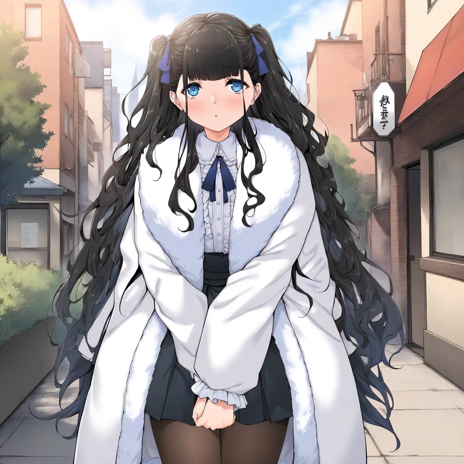 <lora:JJtYM_YusaXL006>,
outdoors,
solo,
Yusa,1girl,black hair,long hair,two -side up,blue eyes,
white coat,fur coat,white shirt,frilled_shirt,
high west skirt,black skirt,
pantyhose,
standing,