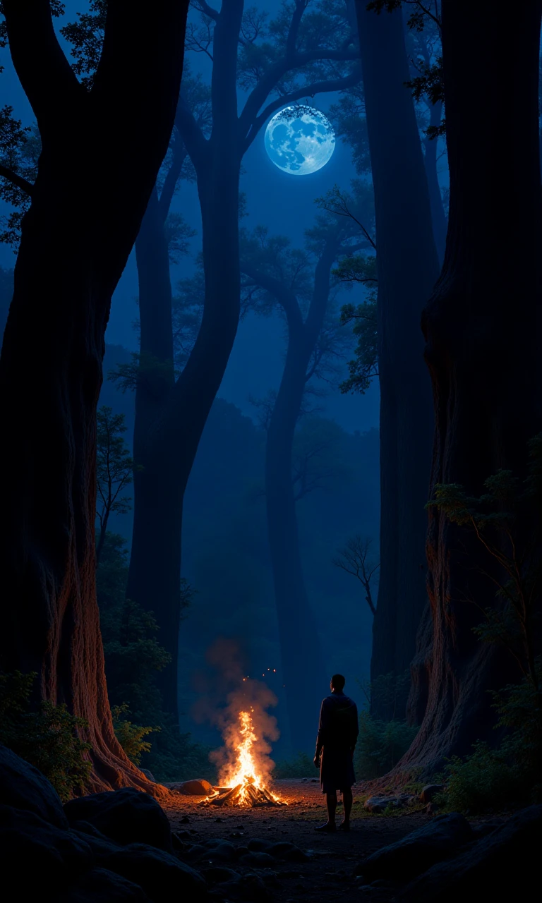 A traveler by a bush fire, the blue moonlight shining on him, surrounded by huge trees