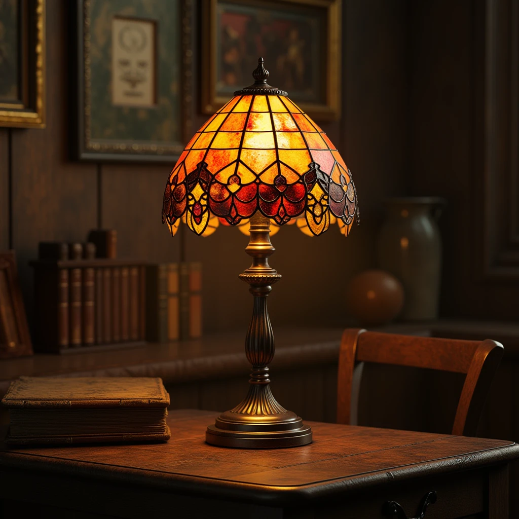 detailed cinematic dof render of an stainedglassstyle, stained glass old dusty detailed lampon a desk, High detail hard surface render 