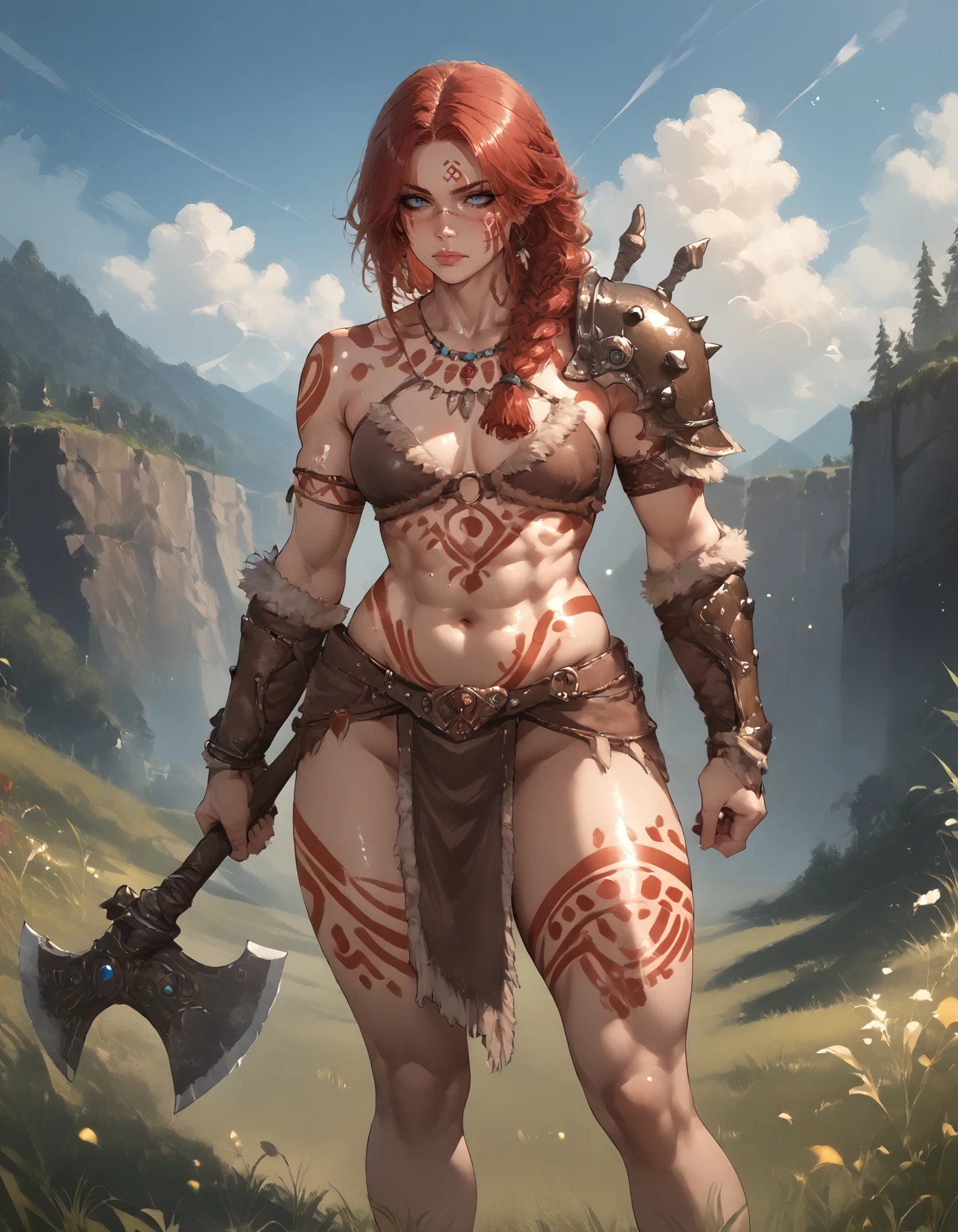 (masterpiece:1.2), (best quality:1.2), (extremely detailed:1.2), (extremely detailed face), (photorealistic:1.2), (ultra detailed), 8k, 1girl, full body shot, close up muscular body, medium boobs, shoulder length hair, dark red hair, tribe tattoos, girl wears warrior armors, angry, on the grass field, look at viewer, <lora:minotaur_v0.1b:1>, (minotaur:1.2), orc, monster, nose ring, fur, muscular, intimidate pose,