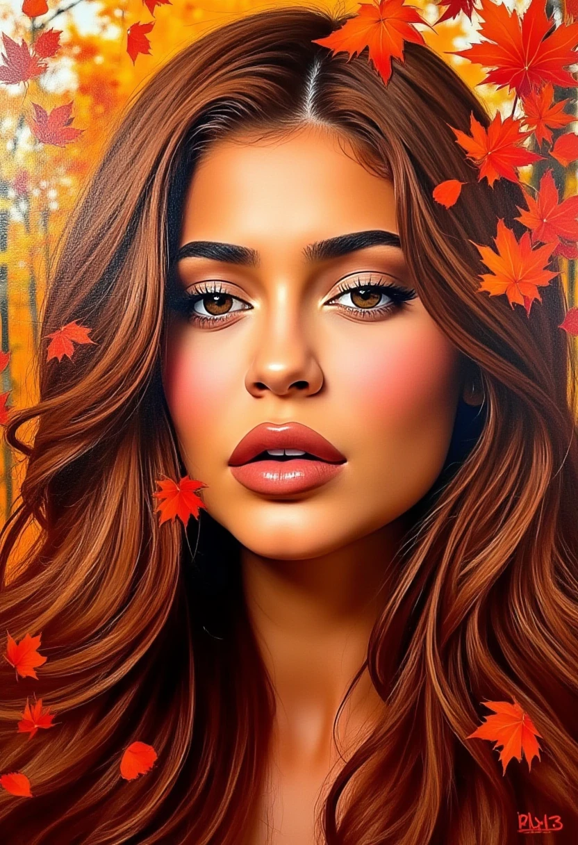 woman, light makeup, , Expressionistic abstract painting utilizing a rough palette knife technique depicting the face of a woman with long flowing hair in the fall. The autumn theme is respresented through primary use of the colors red, orange and brown as well as autumn trees and leaves, kyl13