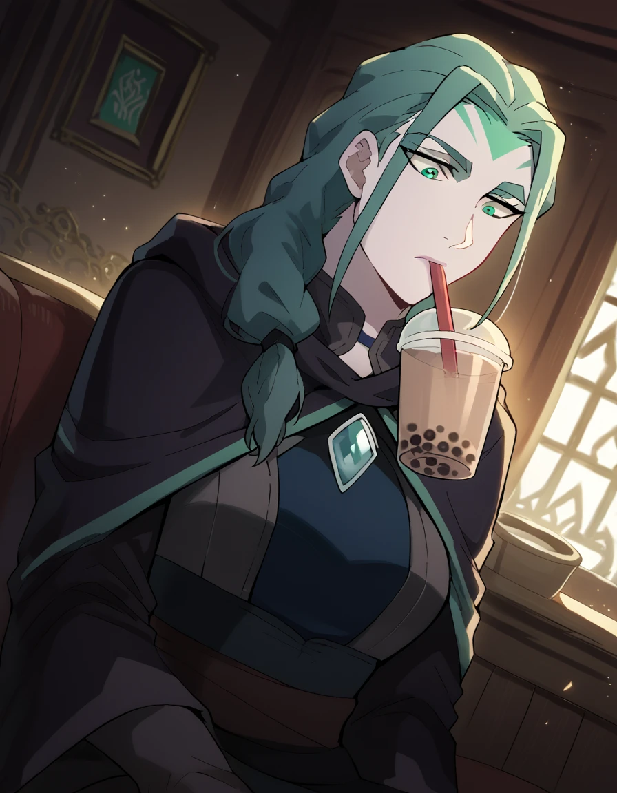 score_9, score_8_up, score_7_up, source_anime, <lora:dota-auroth-anime-ponyxl-lora-nochekaiser:1>, auroth, long hair, facial mark, green eyes, braid,, <lora:bubble-tea-challenge-ponyxl-lora-nochekaiser:1>, bubble tea challenge, bubble tea, object on breast, drinking straw, drinking straw in mouth, drinking, cup,, indoors, sitting, looking down, , cowboy shot, dutch angle