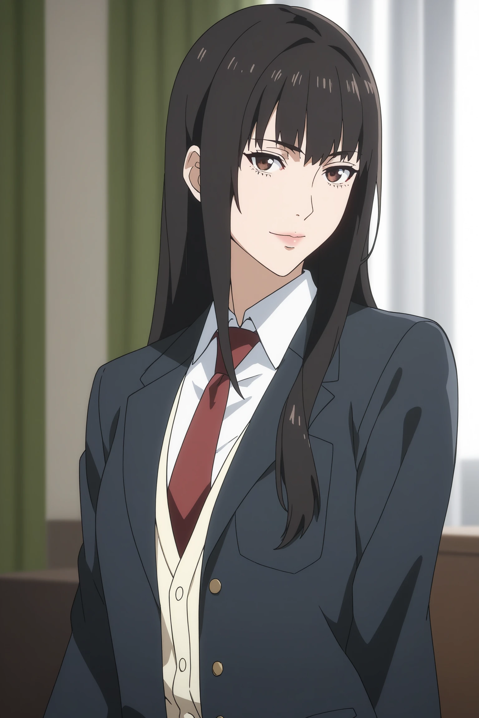 score_9, score_8_up, score_7_up, score_6_up, score_5_up, source_anime, rating_safe, small breasts, indoors, 1girl, solo, looking at viewer, <lora:age_slider_v4:3>, inuyashiki mari, long hair, black hair, bangs, brown eyes, school uniform, blazer, black jacket, white shirt, collared shirt, red necktie, yellow sweater, black skirt, pleated skirt, white kneehighs, loafers, <lora:Mari_Inuyashiki:0.8>, (upper body:1.2)