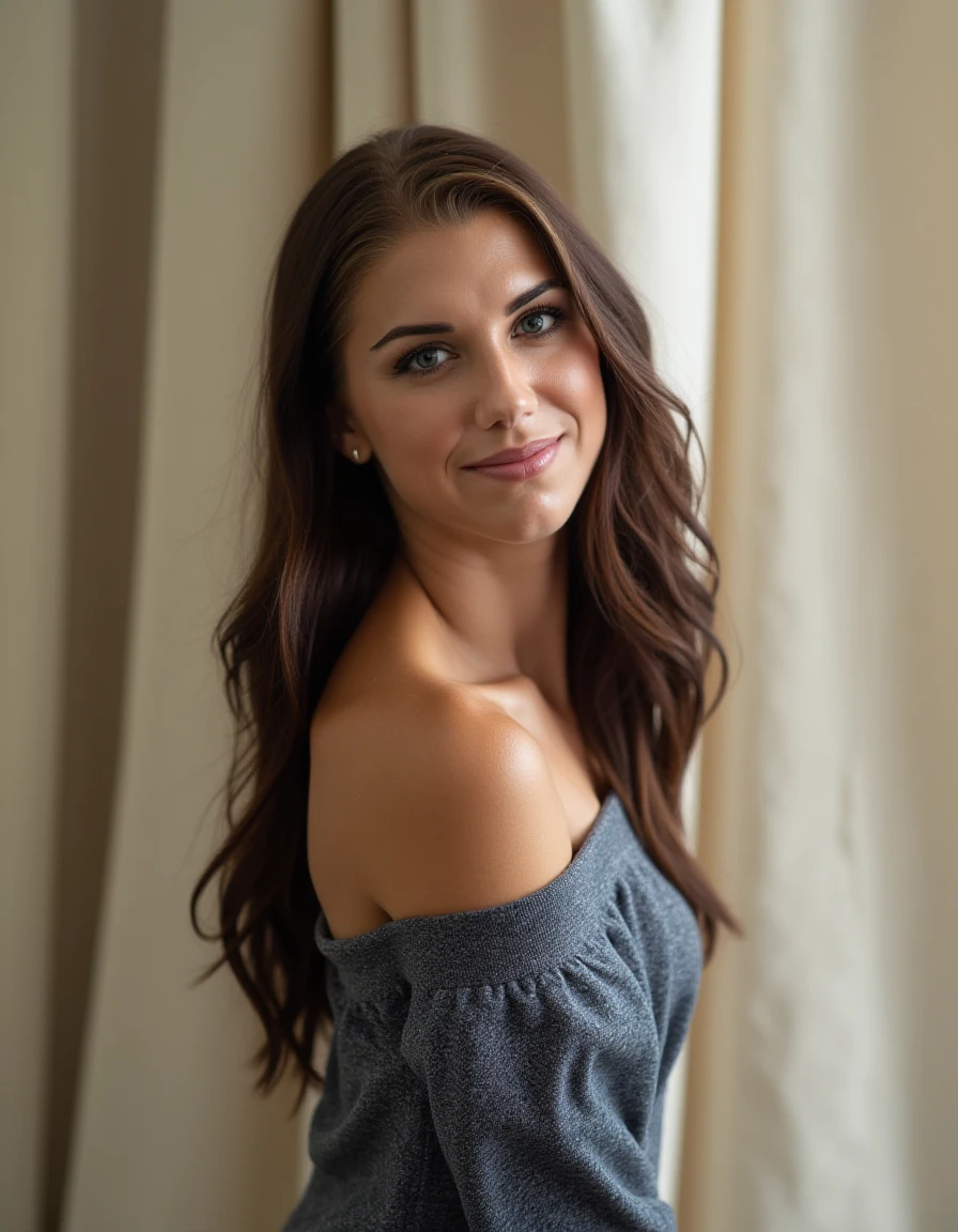 headshot of a young woman looking back at the camera and smiling  <lora:Alex_Morgan_v2:1>