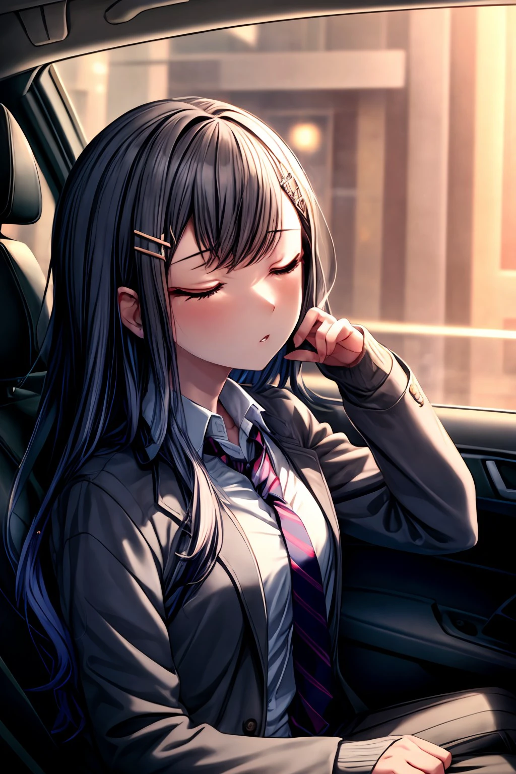 (masterpiece), best quality, expressive eyes, perfect face, shiraishi_an, shirt, hair ornament, sitting, school uniform, jacket, closed eyes, white shirt, upper body, parted lips, open clothes, necktie, hairclip, striped, collared shirt, blurry, open jacket, depth of field, blurry background, sleeping, cardigan, red necktie, ground vehicle, grey jacket, striped necktie, diagonal stripes, bokeh, sleeping upright, car interior, seat, seatbelt, <lora:2a82a2e5-0f1a-46a2-abe9-35b378f754b3:0.7>, <lora:more_details:0.7>