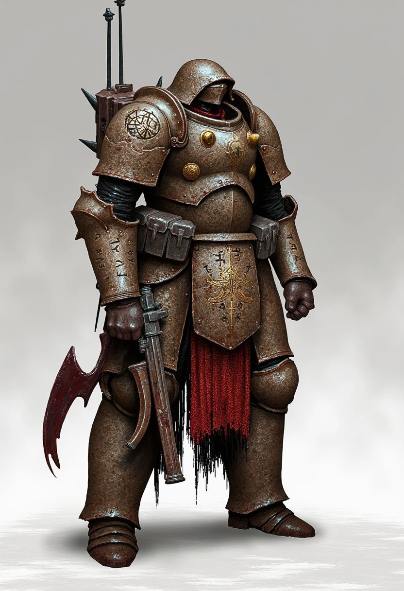 MikeFranchinastyle, a tall heavy solider in heavy armor, armor spikes, skull engraved with runes, carrying a minigun, shoulder armor, helmet,hood up, white hair,demon, blood on armor, carrying large sword on back