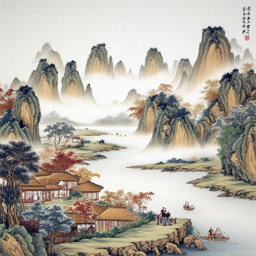 Chinese painting, people sitting in woods, Chinese traditional clothes, high mountains in background, water, boat, colorful tree leaves,