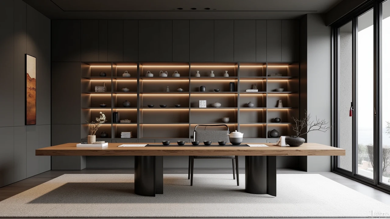 A modern, minimalist tea room design features a dark gray and brown color scheme. On the left side of an L-shaped wooden table, in front of floor-to-ceiling windows, a wall shelf is filled with Chinese ceramic vases. The room has carpeted flooring, black metal table legs, and ample space for storage shelves. The design is enhanced by natural light.