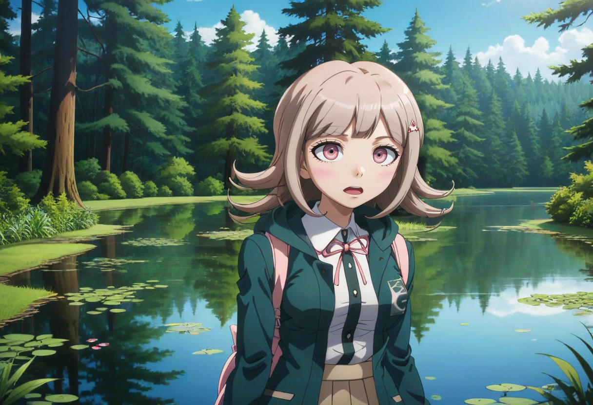 solo, <lora:Chiaki_Nanami_SDXL:1>,  4n1v3rs3, zPDXL2, (young woman),   This anime screencap is from Danganronpa the Animation.  Chiaki Nanami is wearing her uniform from Danganronpa 2. Chiaki's hair slightly curls outwards, though the locks on either side of her face curl inwards. Chiaki Nanami's hair is a dusty light pink that is almost light brown. She has short straight bangs split towards the right, a white Galaga hairclip pinned to a lock of her hair. She has blossom pink eyes. She wears a white button-up shirt with a dark teal-gray front placket. She wears a light pink ribbon tied around her neck in a bow, with a pale beige pleated skirt. This also includes a one-button dark teal-gray hooded cardigan with gray horizontal lines running across the hem and sleeves, the Hope's Peak crest on the chest pocket. She also sports black thigh-high socks and light pink Mary-Jane style shoes with white soles.     Chiaki Nanami has a  fearful expression .   Chiaki Nanami is Chiaki Nanami is enacting a yawning  amid A serene woodland pond on a bright summer day. The foreground is filled with lush green grass and aquatic plants surrounding a calm, reflective body of water. The pond occupies the lower third of the image, its surface partially covered with floating vegetation. Trees and dense foliage encircle the pond, creating a natural amphitheater effect. In the background, tall evergreen trees, likely firs or spruces, pierce the sky with their pointed tops. The forest transitions from deciduous trees with full, rounded canopies in the mid-ground to the darker, more angular conifers behind. Sunlight bathes the scene, casting dappled shadows and highlighting the varied shades of green throughout. The sky is a clear, pale blue, barely visible through the treetops. The overall atmosphere is one of tranquility and natural abundance, with the interplay of light and shadow adding depth to the landscape.