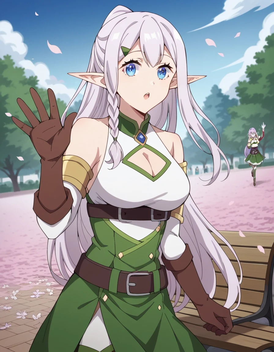 masterpiece, best quality, 1girl, solo, spoken heart,
outdoors, blue sky,
<lora:chara_IsekaiNonbiriNouka_Ria_v1:0.8> ria, ria_\(isekai_nonbiri_nouka\), blue eyes, tareme, eyelashes, pink hair, very long hair, braid, side braid, frentch braid, single braid, half updo, ponytail, hair between eyes, sidelocks, hair ornament, hairclip, pointy ears, elf, medium breasts,
gem, dress, green dress, two-tone dress, white dress, sleeveless, sleeveless dress, gloves, elbow gloves, white gloves, armlet, jewelry, cleavage cutout, belt, short dress, thighhighs, white thighhighs, bare shoulders,
pantyshot, underwear, panties, blue panties, floral print , crotch seam, wind lift, thick thighs,
looking at viewer, from below, looking down, close-up,
smile, open mouth,