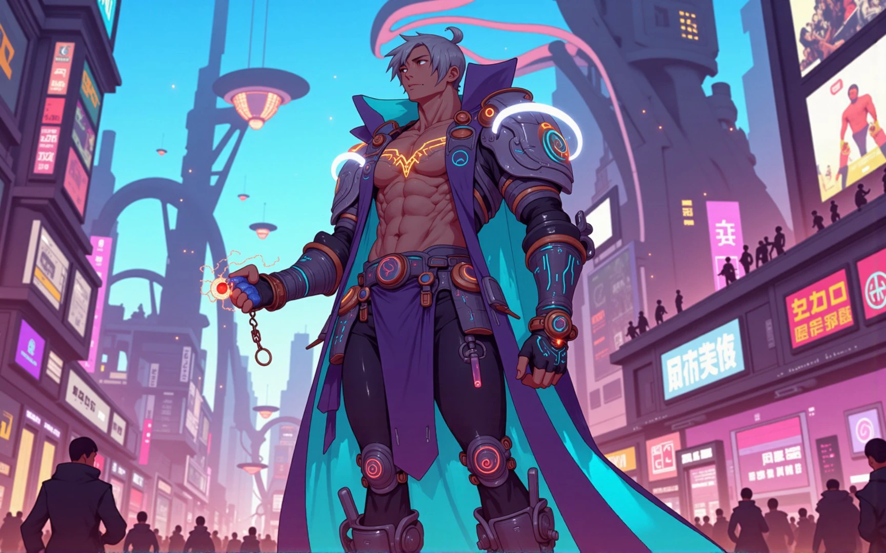 A tall, muscular man with iridescent cybernetic implants and flowing silver hair stands confidently in a bustling neon-lit metropolis. His futuristic fantasy attire consists of a form-fitting exosuit made of shimmering, color-shifting material that adapts to his surroundings. Holographic shoulder pads project intricate geometric patterns. A long, asymmetrical coat with glowing energy lines drapes over his frame, its hem swirling with ethereal mist. His arms are adorned with sleek gauntlets featuring miniature holograms and pulsing bio-luminescent veins. A high-tech utility belt houses an array of mysterious gadgets and glowing crystals. His legs are encased in armored greaves with built-in gravity manipulators, allowing him to defy physics. Ornate, metallic boots with retractable blades complete the ensemble. A translucent visor covers one eye, displaying real-time data and magical runes. The man's exposed skin bears intricate, glowing tattoos that seem to move and shift. In his hand, he wields an energy staff that crackles with arcane power, its tip adorned with a pulsating orb of swirling colors. The futuristic cityscape behind him features towering skyscrapers with organic, curved architecture and floating platforms connected by streams of energy. Holographic advertisements and flying vehicles fill the air. The scene is bathed in a mix of cool blue and warm purple light, creating a dreamlike atmosphere. Sparks of magic and technology intertwine, blurring the line between science and sorcery.