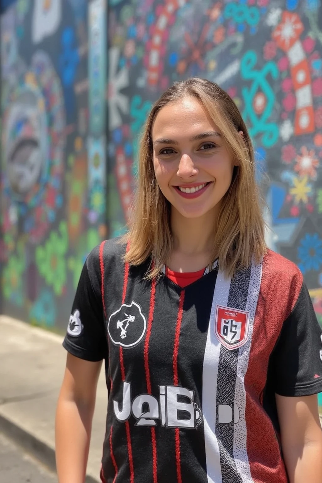 Instagram photo of a young woman G41G4d0t wearing a sports jersey poses for a photo in front of a vibrant, colorful mural. The mural features intricate patterns and bold colors, creating a lively urban atmosphere. The woman’s jersey is adorned with a team logo and stripes, and she stands confidently with a playful smile. The scene is illuminated by natural daylight, highlighting both the details of the mural and the texture of the jersey