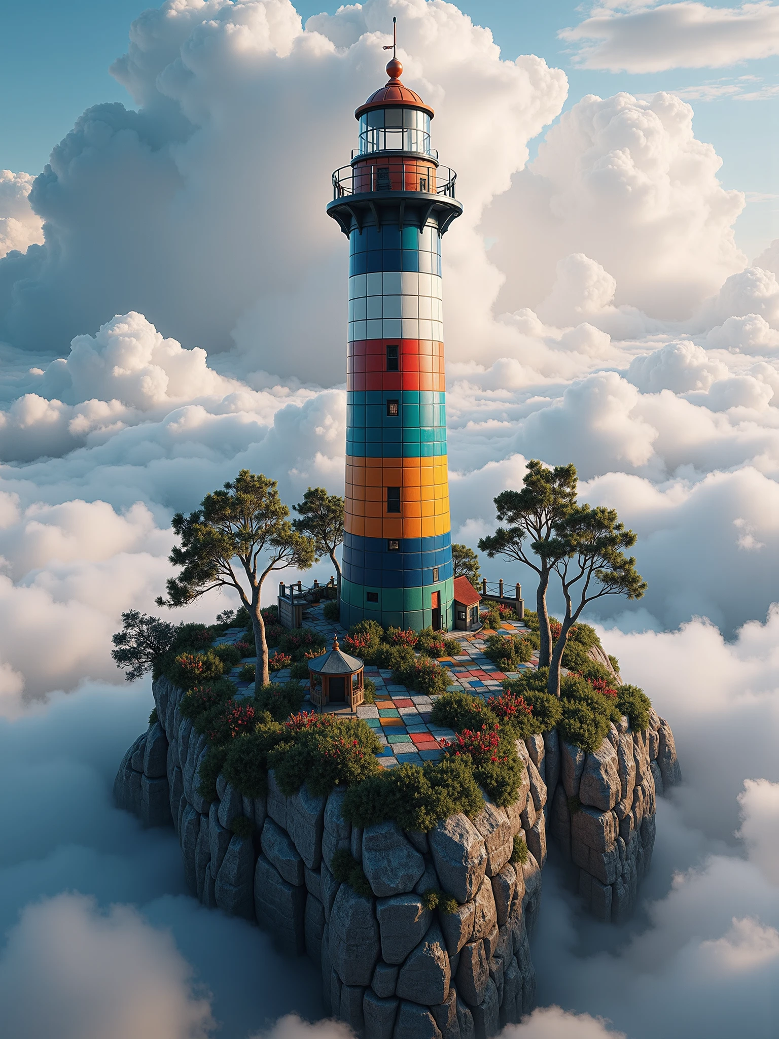 mad-clrflchckr mad-tie-dye lighthouse on a rocky island in the clouds, haze, god rays <lora:colorful-checker-flux:1>