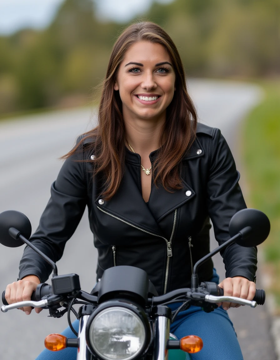 headshot of a young woman riding a motorcycle  <lora:Alex_Morgan_v2:1>