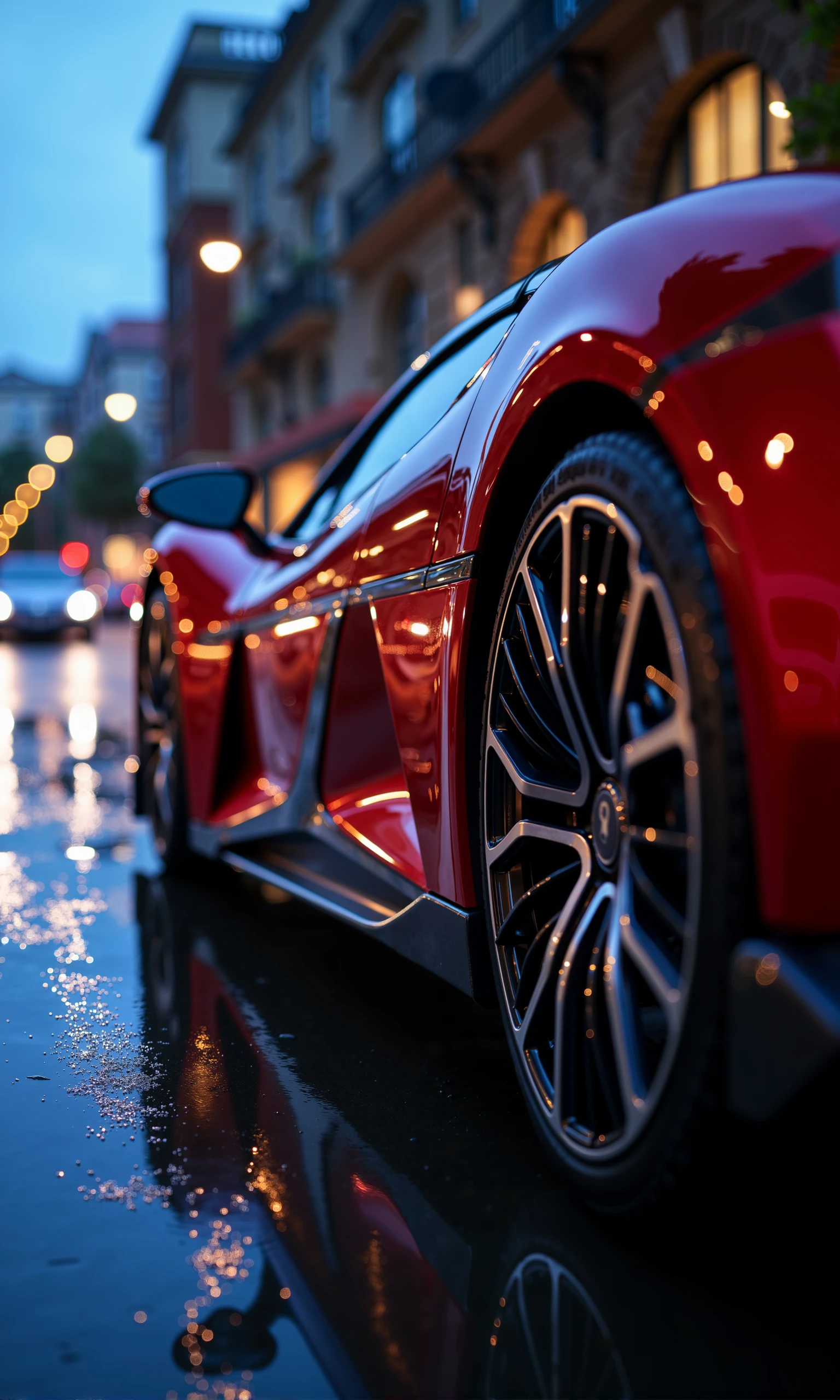 BYD,close-up, low-angle shot of a sleek red BYD U9 hypercar parked on a wet city street, capturing the intricate details of its chrome wheels and the reflections of nearby streetlights on the glossy, rain-soaked pavement. The lighting creates a moody, cinematic atmosphere, with soft bokeh effects from distant city lights adding a touch of warmth to the cool, blue-toned scene. The BYD U9’s curves and aerodynamic design are accentuated by the reflections, emphasizing its luxury and performance. The car's vibrant red color contrasts beautifully with the wet environment, making it stand out in the urban evening setting