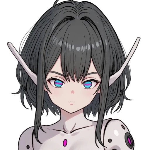 Bidaia android girl with white cybernetic body with black details and fuchsia turquoise eyes with a bright horizontal pink line in the middle short black hair with two strands hanging near her long pointed ears with a rectangular shape if her face is pale and beautiful