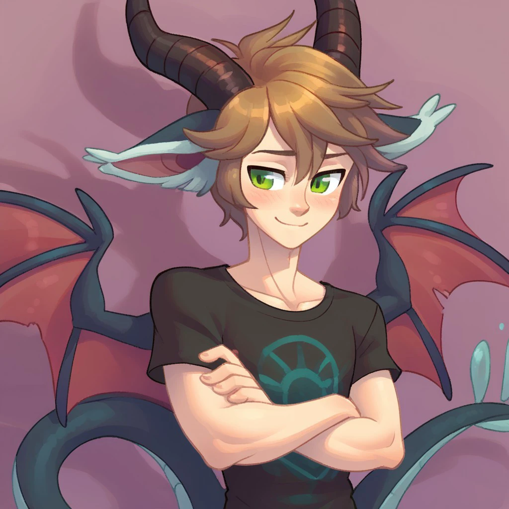 (masterpiece), best quality, expressive eyes, perfect face, black t-shirt, smile, blush, upper body, from above, score_9, score_8_up, score_7_up, score_6_up, short hair, brown hair, 1boy, sc4le, dragon horns, dragon tail, dragon wings, dragon ears, hybrid_scale, green eyes, smile, crossed arms, blush, looking away, <lora:42f8fcc2-f373-4b71-9e9a-956fb5b05a1a:1.0>, <lora:01e1becc-b0c6-45e8-8bac-5d6fc1bcbf17:0.9>