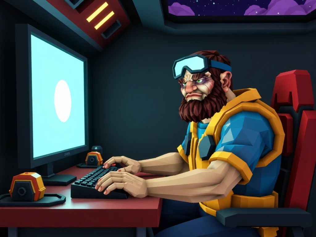 1guy, driller,  looking at the viewer, beard, goggles, sitting at a gaming computer, in a space station
 <lora:DeepRock-FLUX-V2-000006:1.0>  deeprock