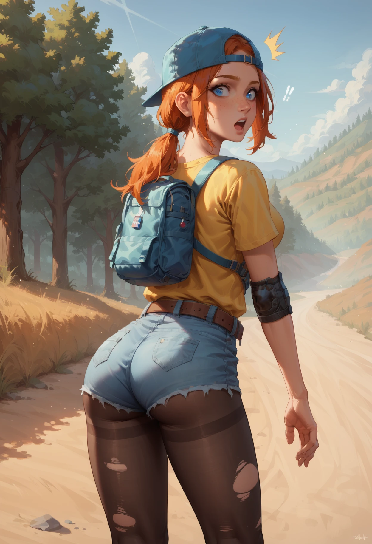 outdoors, post-apocalypse
<lora:holly-b4b:0.7> holly-b4b, orange hair, blue eyes, low ponytail, freckles
yellow shirt, short sleeves, hat, belt, torn pantyhose, backwards hat, elbow pads, backpack
leaning forward, looking back, from behind, raised eyebrows, surprised, zPDXL2, score_9, score_8_up, score_7_up, score_6_up, score_5_up, anime, anime style,