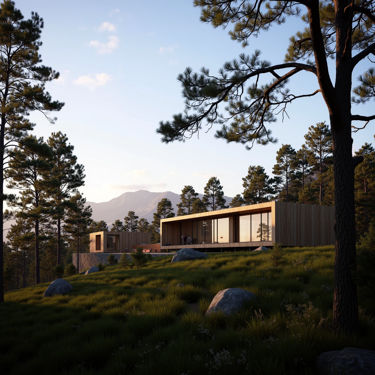 roirrros, Architectural Design, Landscape Design,no human,The image showcases a modern architectural house set amidst a serene natural landscape. The house features large glass windows and wooden panels, providing a clear view of the surrounding trees and the distant mountains. The time appears to be either early morning or late afternoon, as the sun casts a warm, golden hue over the scene. The house is surrounded by tall pine trees and grassy meadows, with a few rocks and a garden area in front. The sky is clear with a few scattered clouds, and the overall ambiance is calm and tranquil.