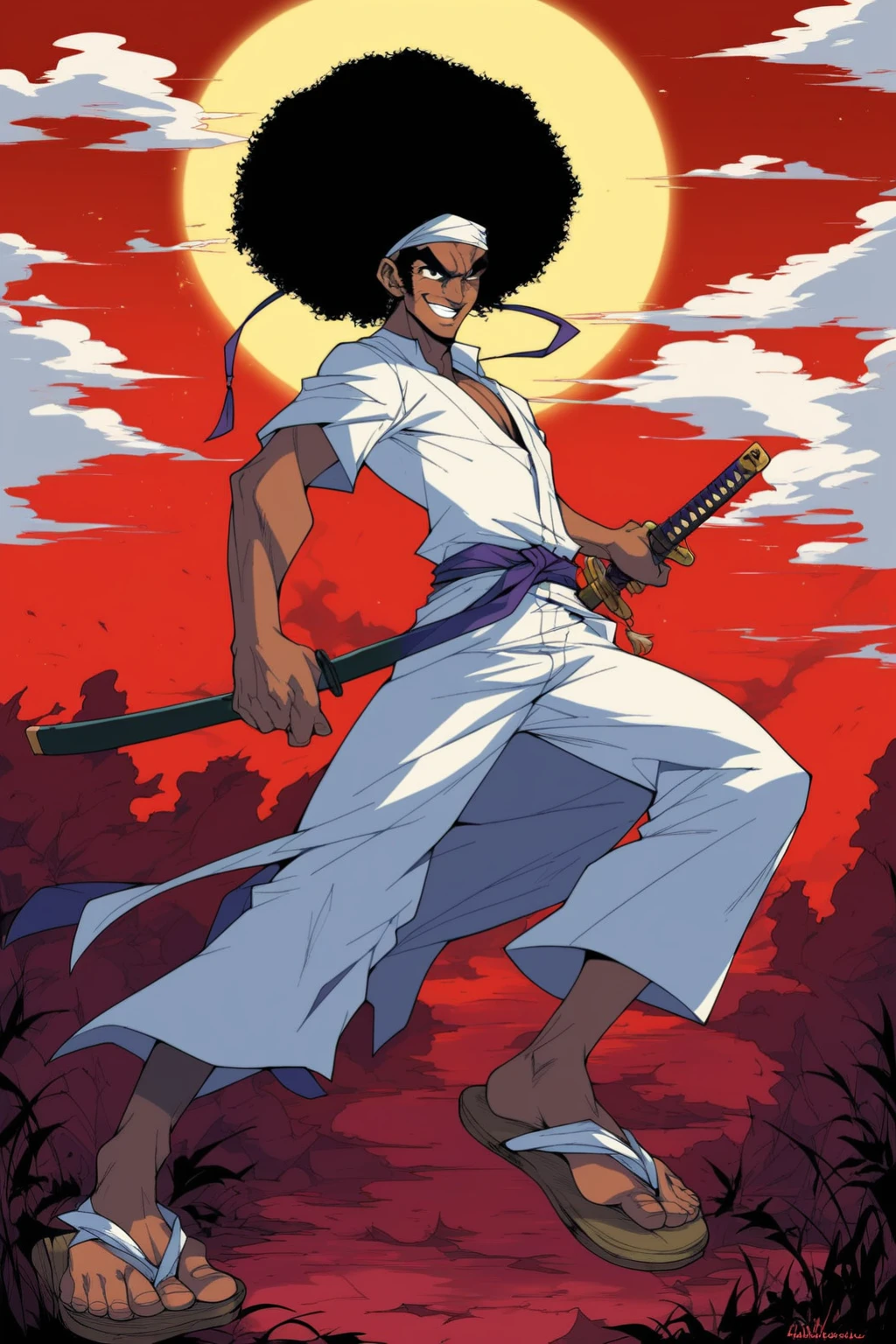 score_9, score_8_up, score_7_up, score_6_up, score_5_up, score_4_up, masterpiece, high quality, BREAK, full body, BREAK, 1boy, <lora:Afro_Samarai:0.9> AfroSamarai, black hair, afro, katana, tanned skin, wood sandals,