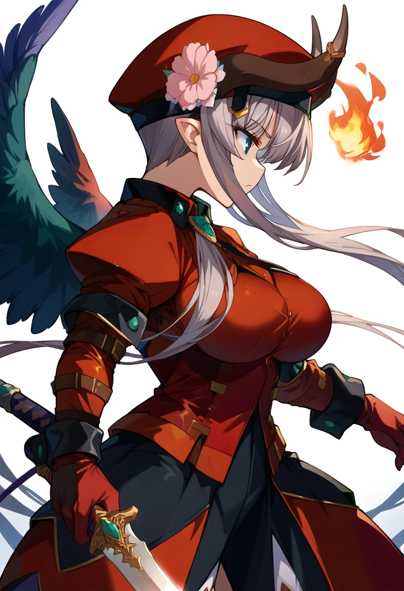 score_9, score_8_up, score_7_up, source anime, la hawzel, 1girl, solo, wings, horns, blue eyes, long hair, weapon, grey hair, pointy ears, breasts, fire, gloves, sword, white background, flower, large breasts, profile, simple background, red beret, red military unifom, shoulder armor, hair flower, <lora:la_hawzel-xl-pony-v1:1>,