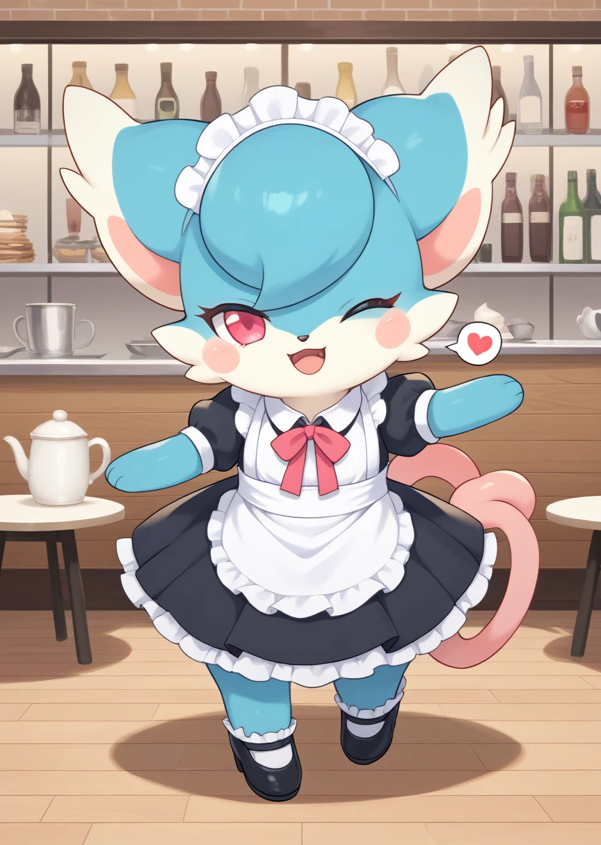 score_9, score_8_up, score_7_up, score_6_up, score_5_up, BREAK
Bibit, furry, furry female, solo, looking at viewer, open mouth, sweet smile, red eyes, full body, heart, cafe, detailed background, maid outfit, maid headdress, wink, one eye closed, , pink eyes, no humans, blush stickers, blue fur, heart tail, spoken heart, pink tail