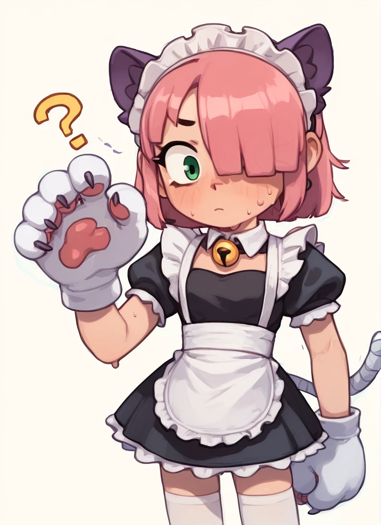 score_9, score_8_up, score_7_up  , <lora:pawlette:1> 1girl, pawlette ,animal ears, pink hair,  hair over one eye, maid headdress,  maid,  short dress,  White Stockings , paw gloves,  <lora:PossumMachine:1>posmach    , confused, ??? ,sweat, simple background,