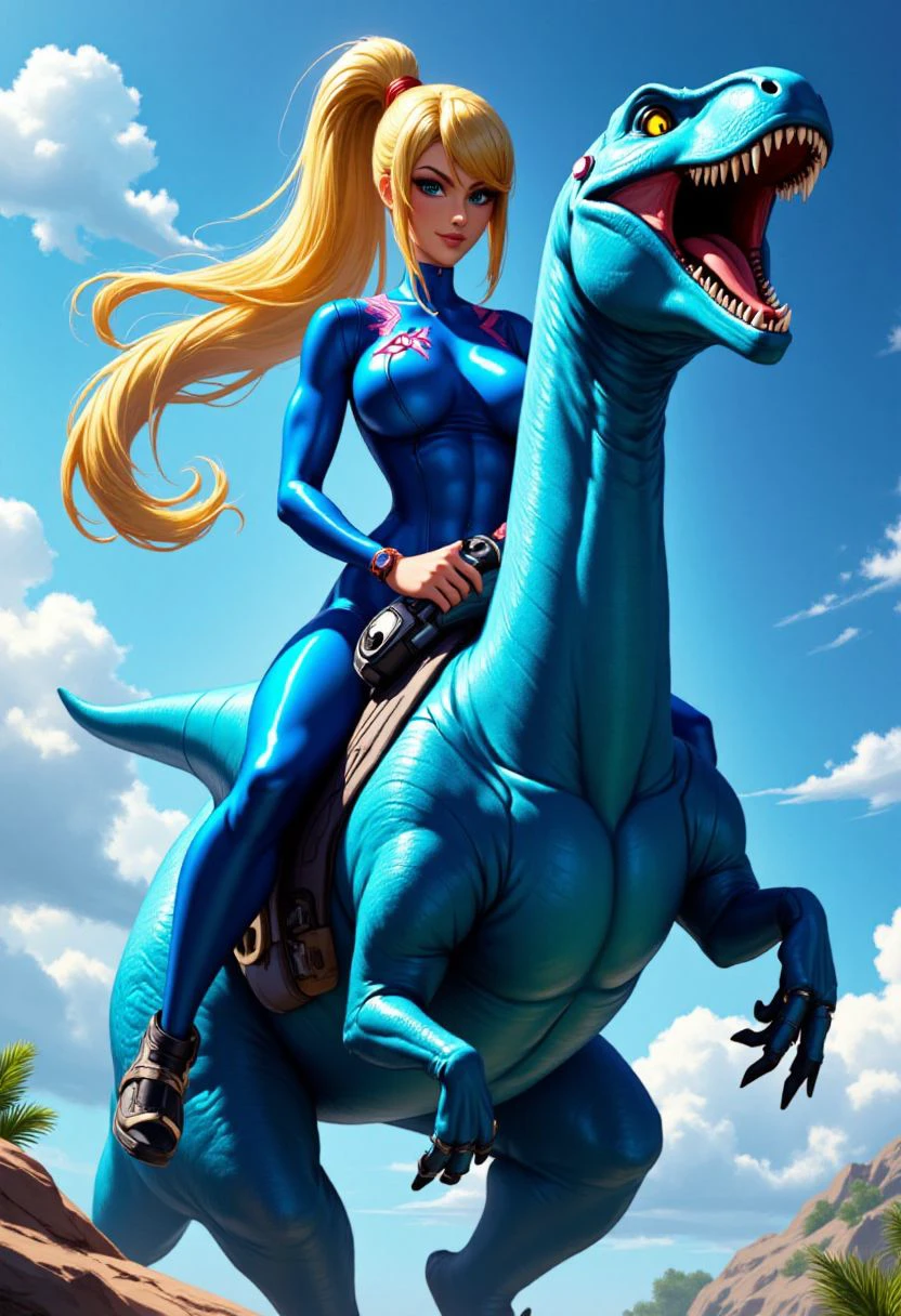 cinematic action shot of Samus Aran riding a beautiful and intimidating alien dinosaur with a hightech saddle, her blue bodysuit covers all skin but highlights her hourglass figure, intricate and beautiful high ponytail hairstyle, huge breasts, anime artwork, anime style, studio anime, highly detailed, award-winning,  <lora:Samus_Aran:1> samusaran