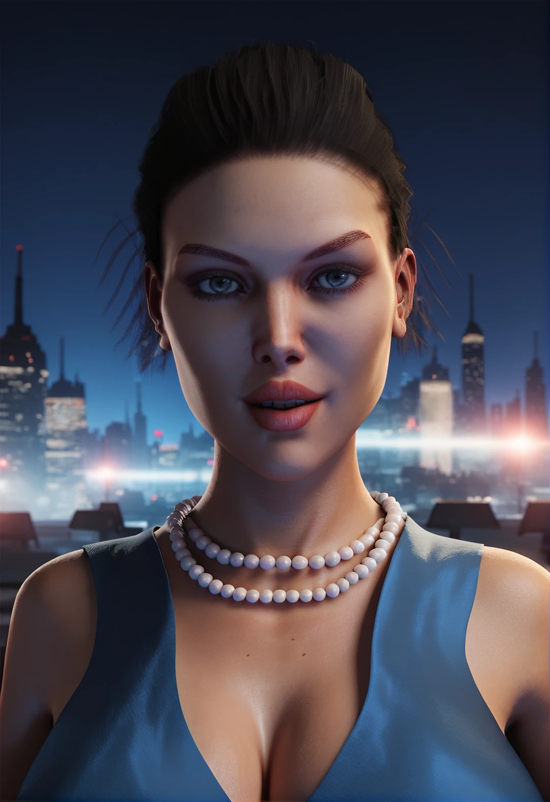 score_9, score_8_up, score_7_up,   <lora:cl41r3:1> cl41r3, 1girl, large breasts, looking at viewer,portrait,pearl necklace, necklace,blue dress,night,city background,outdoors