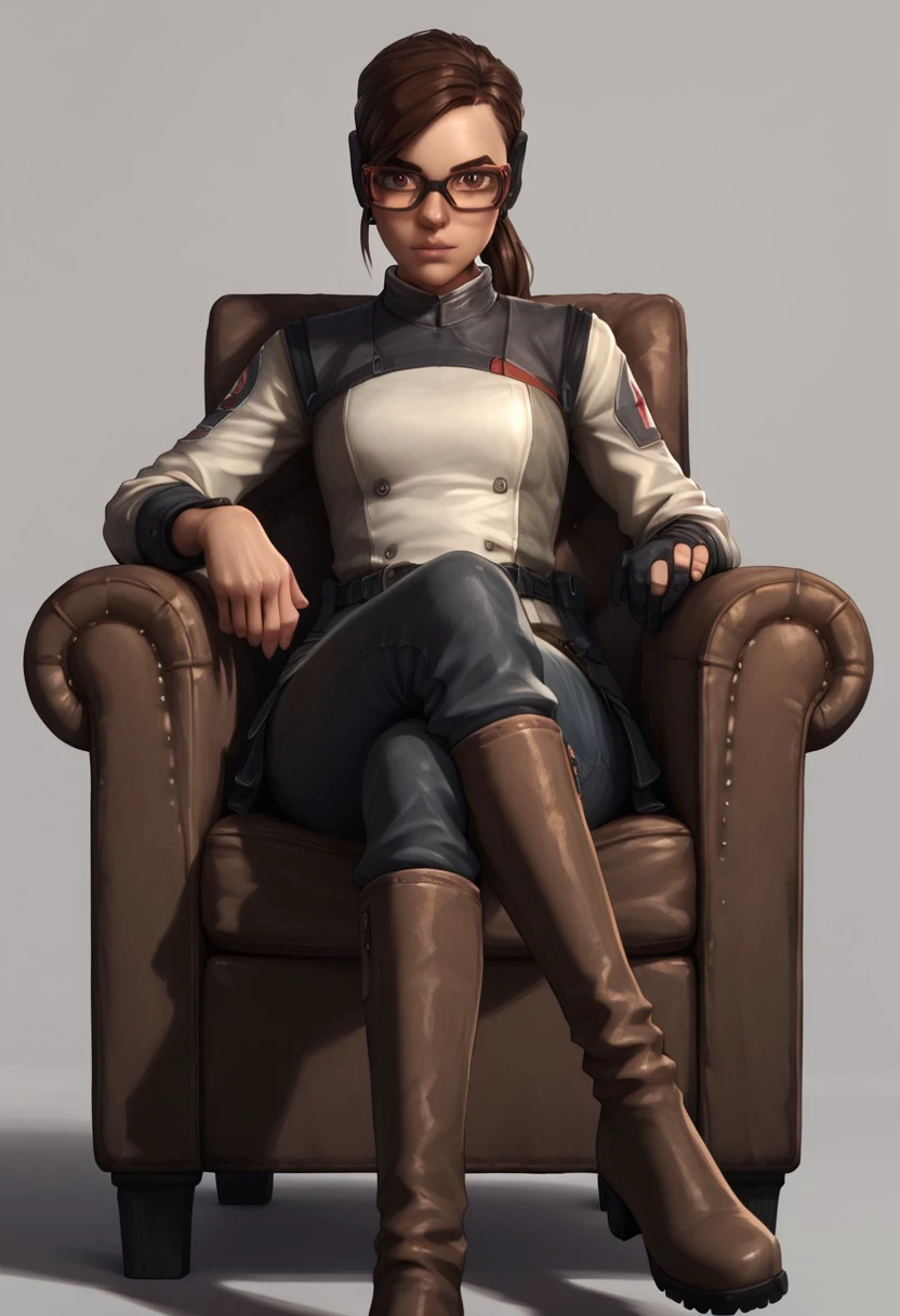 score_9, score_8_up, score_7_up, looking at viewer, goggles, 1girl, realistic, glasses, brown hair, ponytail, brown eyes, boots, sitting on armchair, front view, crossed legs