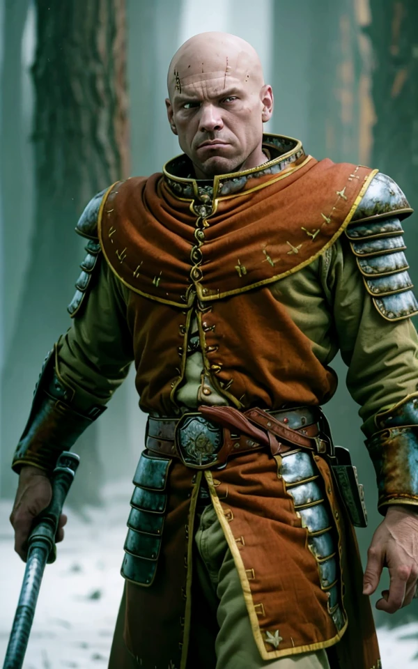 High-resolution Photorealistic Image of simple white background, face close up, upper body face focus,  <lora:Warrior_Priest_of_Sigmar_Mark_of_Chaos:1> w4rr1orpr1st, bald male, praying, armor, red robes, pants, red capelet, gold trim, metal collar, holding war hammer over shoulder, book at waist, skull symbol necklace, bokeh, LDSR, Depth of Field, OverallDetail