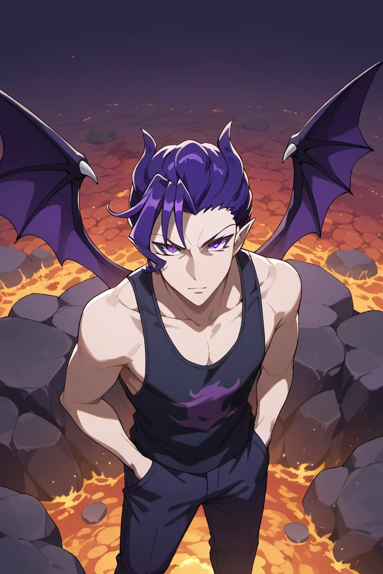 score_9, score_8_up, score_7_up, source_anime, rating_safe, KalegoWDI, (purple_Kalego_hair), purple_Kalego_eyes, 1boy, male focus, tank top, demon wings, standing, hands in pocket, molten rock ground, looking up at viewer, from above