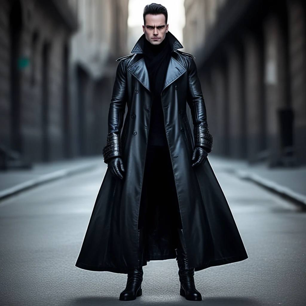 a very handsome stronge man in a black trenchcoat and boots standing in a street, wearing black leather trenchcoat, gothic coat, black draconic - leather, stylish coat for a rave, black greatcoat, hyper ultra cinematic volumetric lighting, wide shot with Sony Fx6