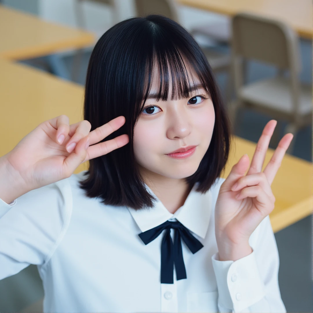 bird's eye view, look down at, SHOGENJI, The image is a portrait of a young Asian woman with shoulder-length dark hair and bangs, She is wearing a white collared shirt with a black bow tie, She has a serious expression on her face and is making a peace sign with her fingers. background is blurred, but it appears to be an indoor setting with wooden tables and chairs. Natural lighting, Soft cool tones, Amateur photography, 