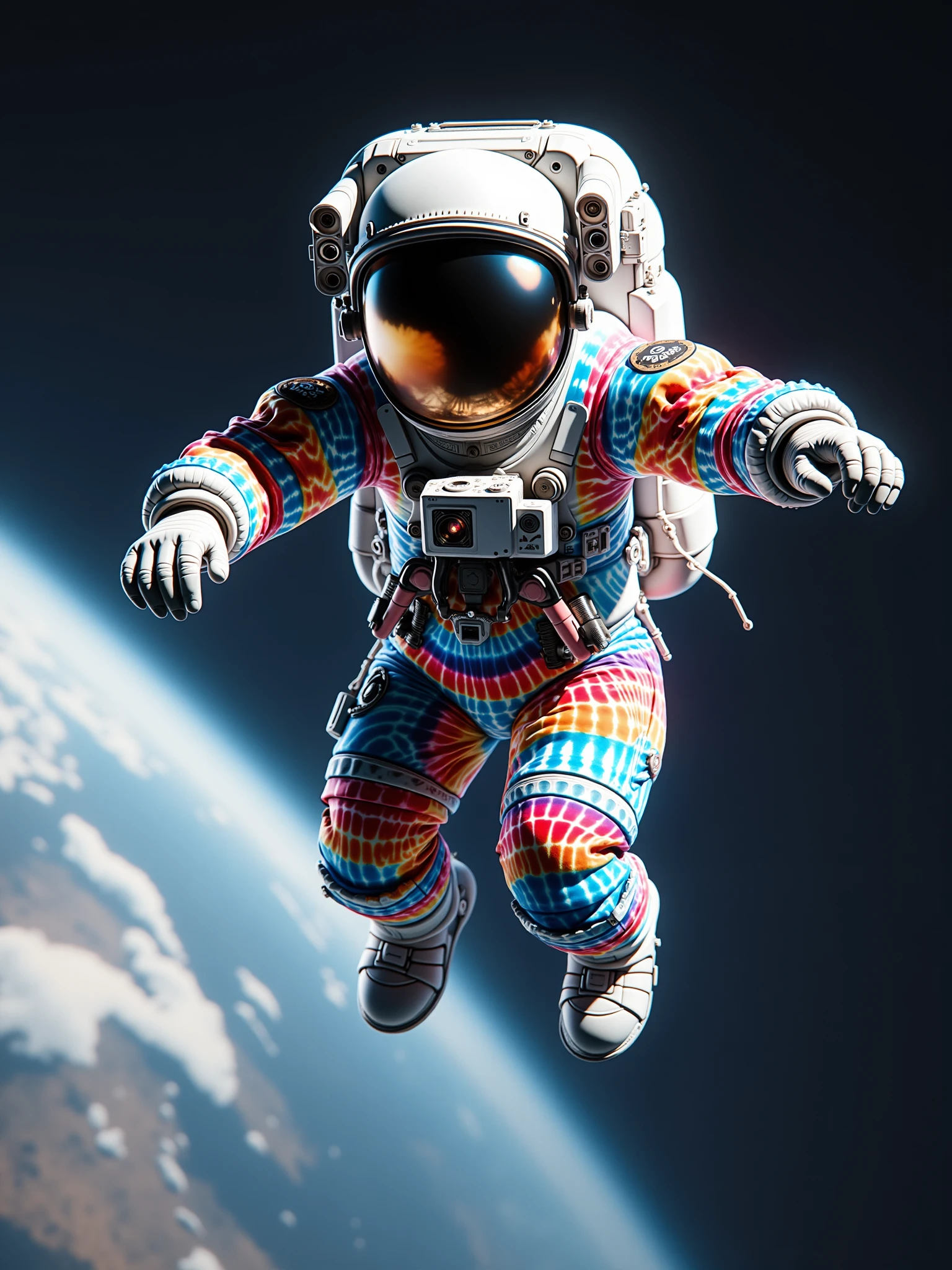 "mad-clrfltd astronaut floating in orbit of earth <lora:colorful-tie-dye-flux:1>"