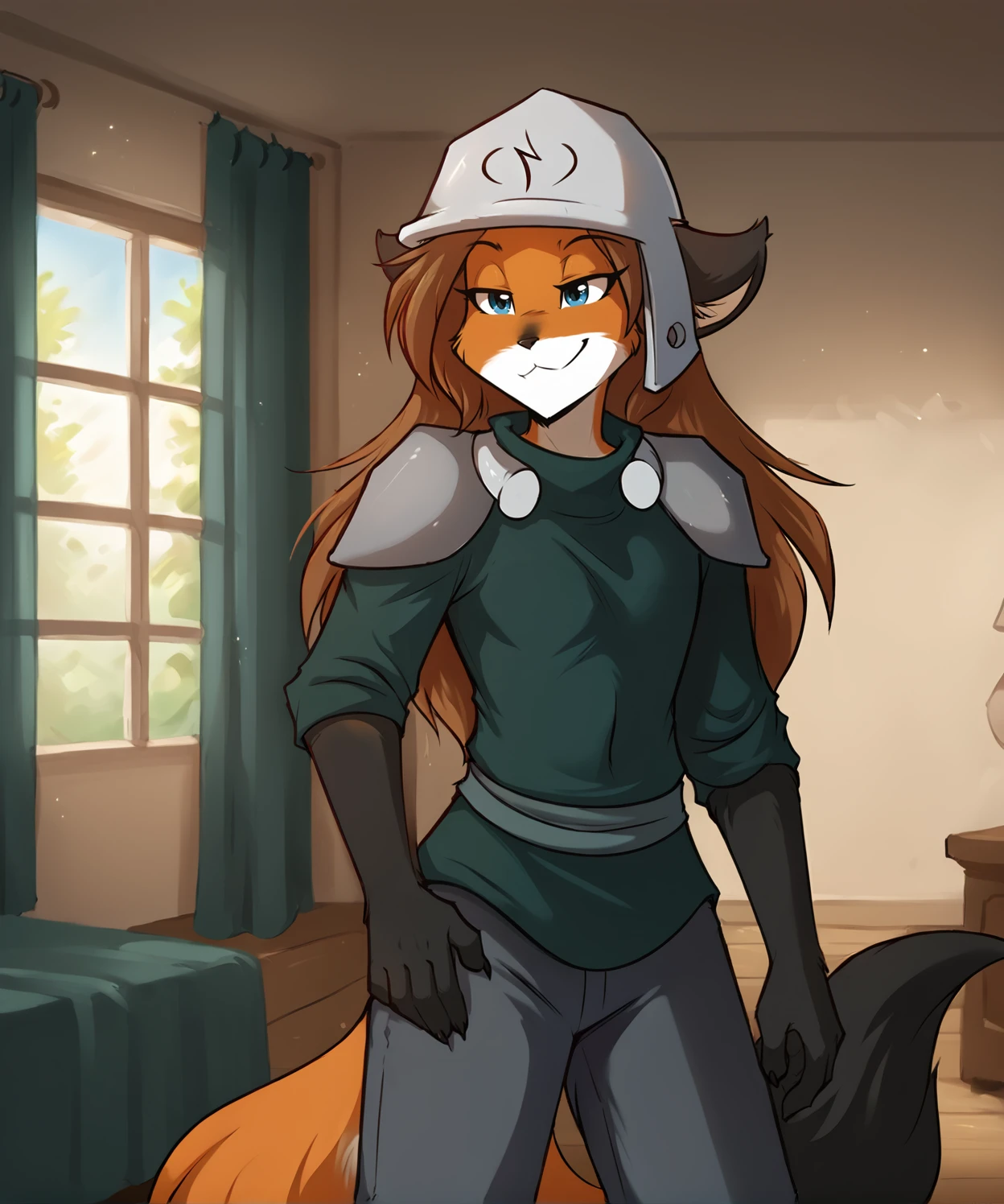 score_9, score_8_up, score_7_up,score_6_up,score_5_up, source_furry
BREAK
solo, furry female anthro, flat chest, (smug), keith-helmet-twokinds, keith-armor-twokinds, shoulder pads, shirt, pants, (helmet:1.2), (indoors)
BREAK
<lora:Laura-Twokinds-SDXL-AnonTK-V1:0.8> , laura-twokinds, keidran, mammal, fox tail, blue eyes, long hair, <lora:Keith-Armor-1-Twokinds-SDXL-AnonTK-V5:0.6>