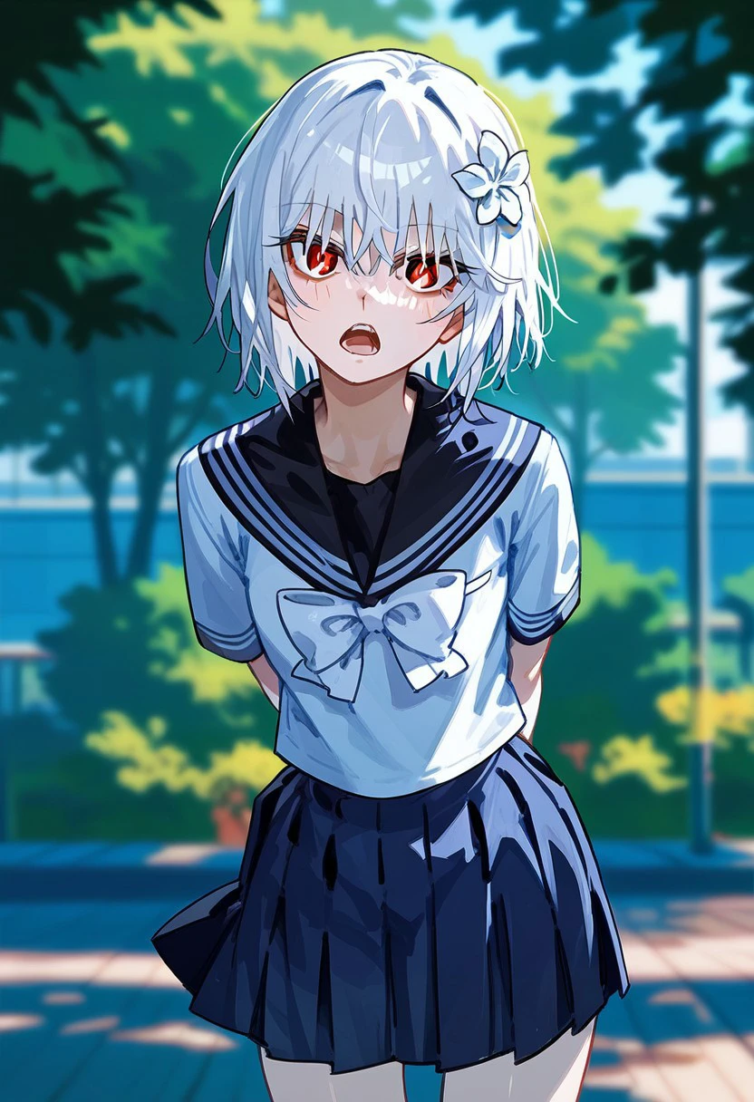 score_9,score_8_up,score_7_up,source_anime, Suzushina Yuriko,1girl,solo,looking at viewer,short hair,open mouth,bangs,skirt,shirt,hair ornament,red eyes,bow,holding,school uniform,flower,white hair,short sleeves,pleated skirt,outdoors,serafuku,day,hair flower,sailor collar,blurry,blue skirt,leaning forward,blurry background,arms behind back,white bow,genderswap,genderswap \(mtf\),albino,a certain high school uniform,accelerator \(toaru majutsu no index\),