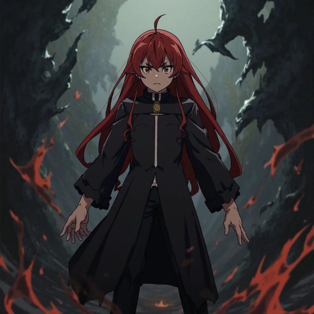 erisgreyrat stands with an intense, angry expression on her face. The background is dark, swirling with dynamic, shadowy lines that amplify her volatile emotions