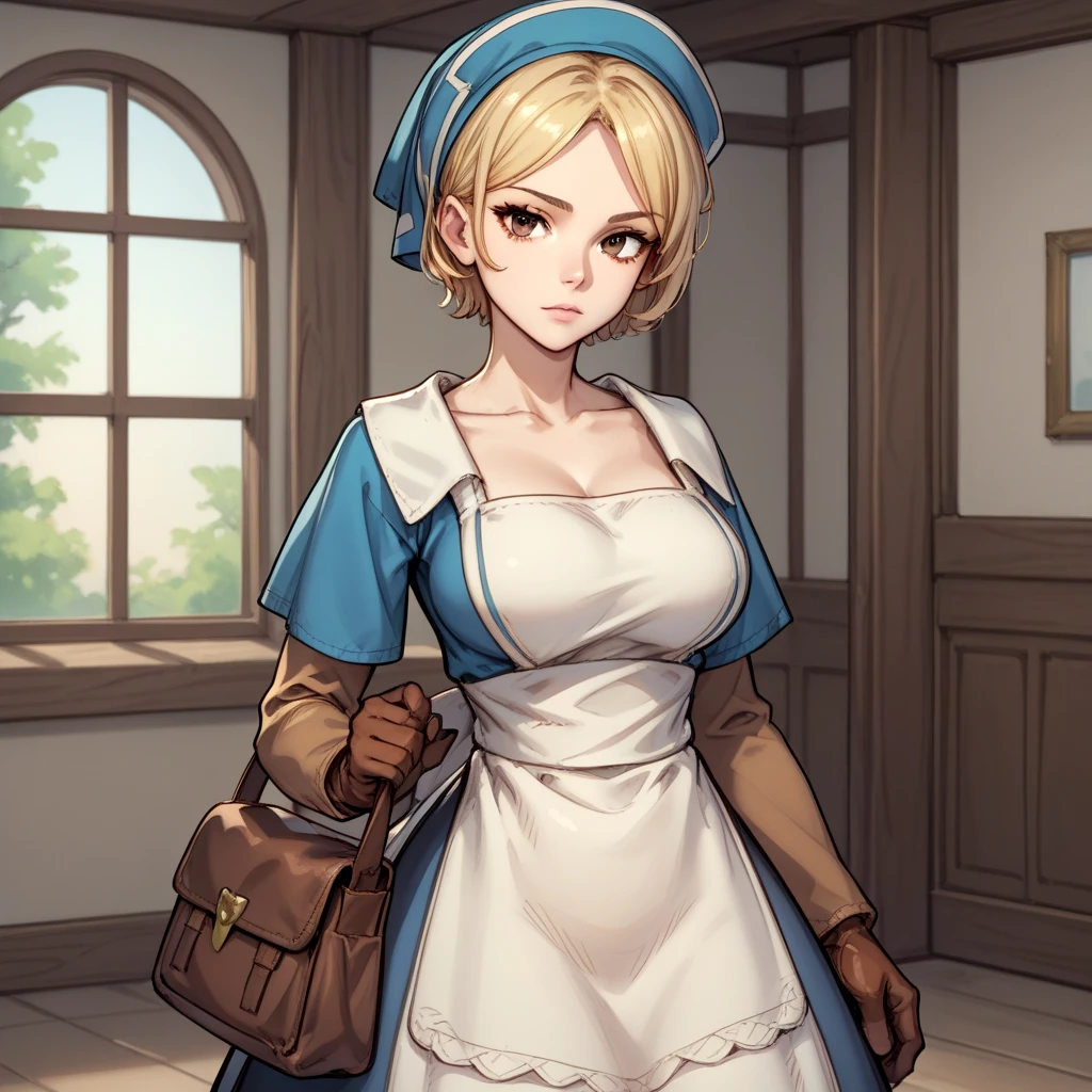 <lora:Final_Fantasy_Tactics_Chemist:.6> fftchem, 1girl, solo, blonde hair, short hair, gloves, looking at viewer, apron, brown eyes, bag, brown gloves, hat, portrait, dress, large breasts,, score_9, score_8_up, score_7_up, BREAK,, sketch, sketch manga style traditional media croquis colored (medium),, sexy pose, sexy, slutty, seductive, flirty, flirt, posing seductively,, thin waist, tight body, athletic body,