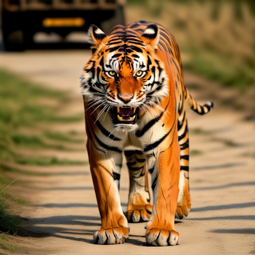 tiger, open mouth, photo background, day, ears, blurry background, ground vehicle, black background, grass, looking at viewer