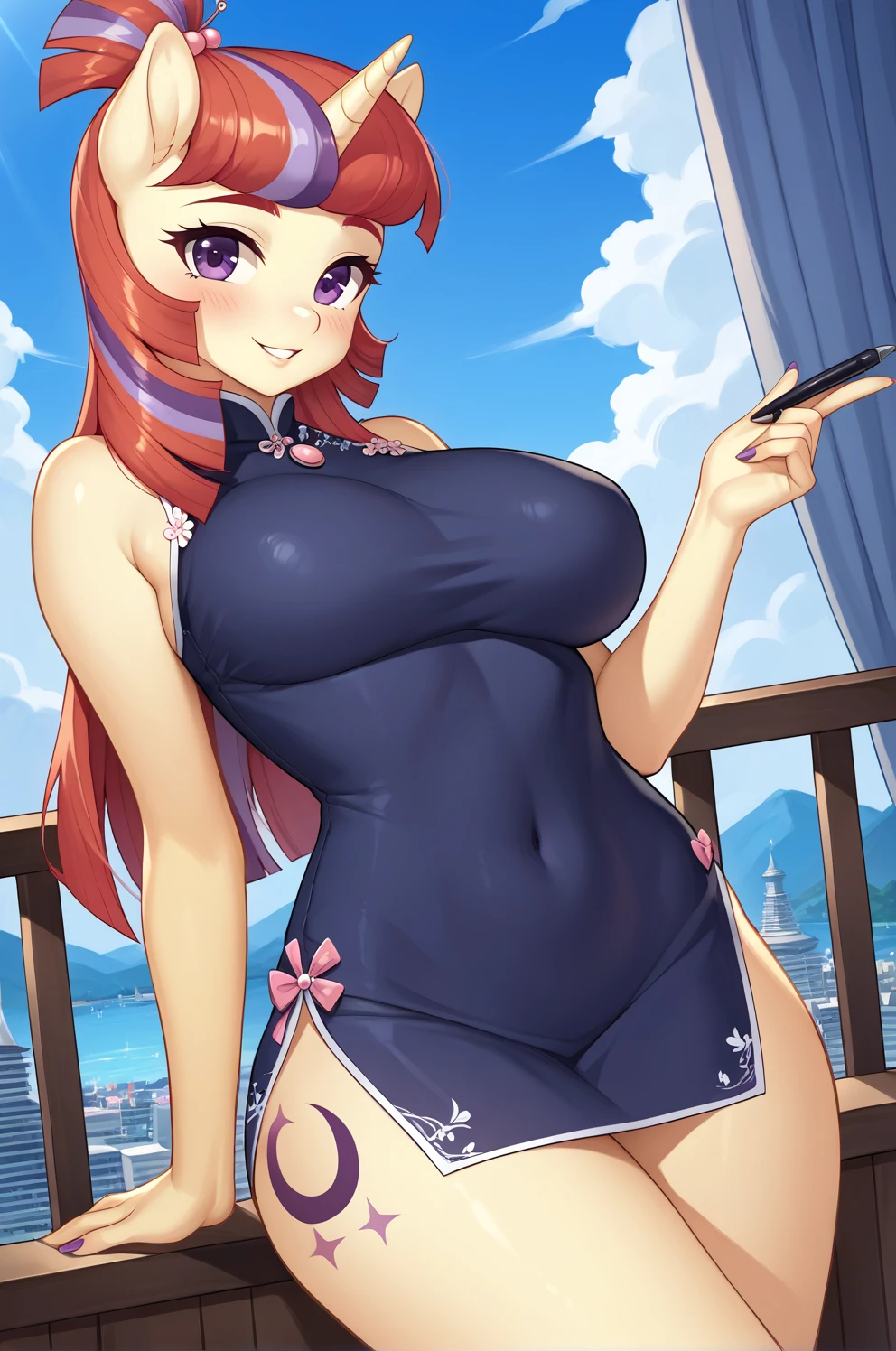 masterpiece, best quality, 1girl, standing, full body, red hair, blue eyes, (qipao:1.2), (blue chinese dress:1.2), (gigantic breasts:1.2),(wide hips:1.2),(thick thighs:1.2), black panties, black underwear ,smile,thighhighs,(blush:1.2),indoors,choker, slender waist, fox girl, fox ears, long hair, ponytail, long qipao, skintight qipao, (fully clothed:1.2_) <lora:Hinata-nao_912704:1>
